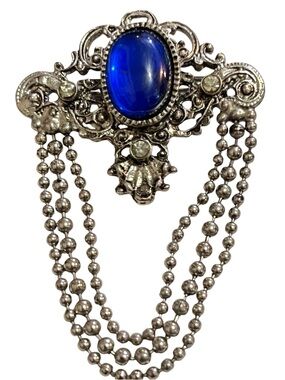 Vintage Germany Brooch with Deep Blue Cabochon and Draped Ball Chains Silvertone
